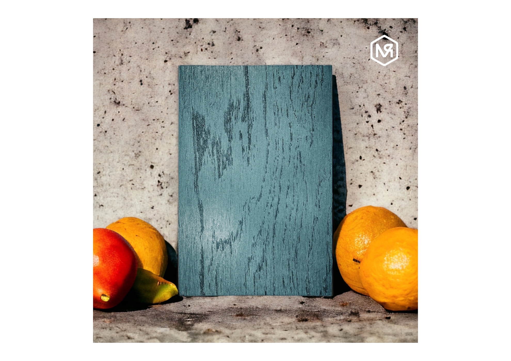 MOLTENI-VERNICI never-special metals paint on blue-green textured board