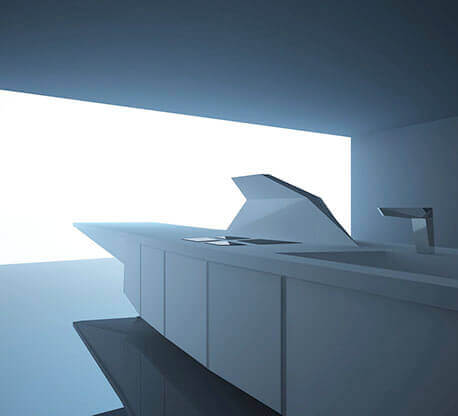 MOLTENI-VERNICI special paint effects create minimalist blue-toned modern kitchen design