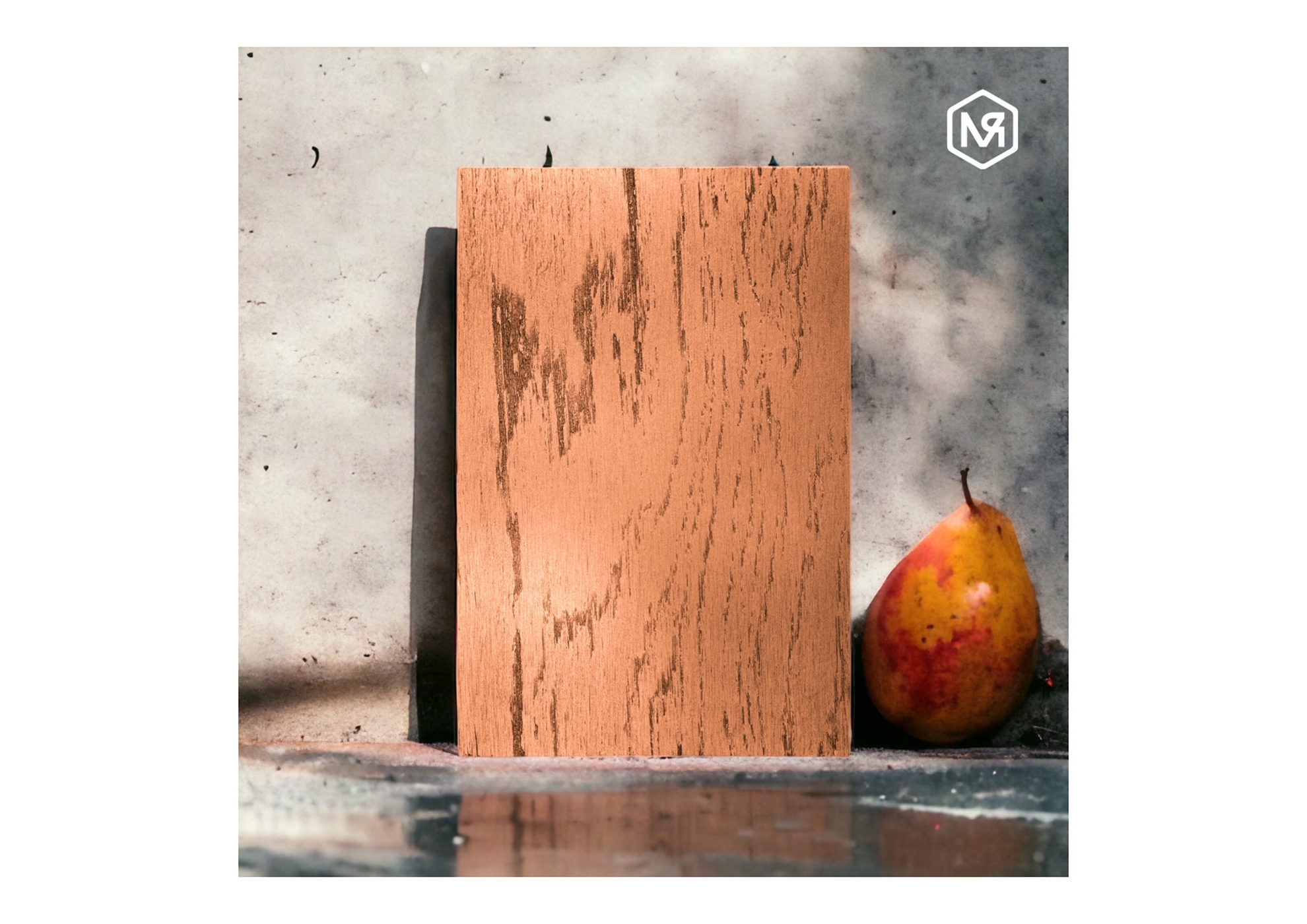MOLTENI-VERNICI special metals paint on wooden board with ripe pear