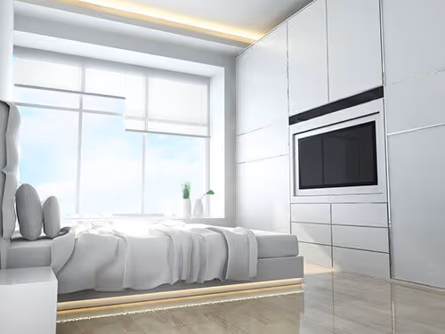 MOLTENI-VERNICI special paint effects transform minimalist white bedroom with TV