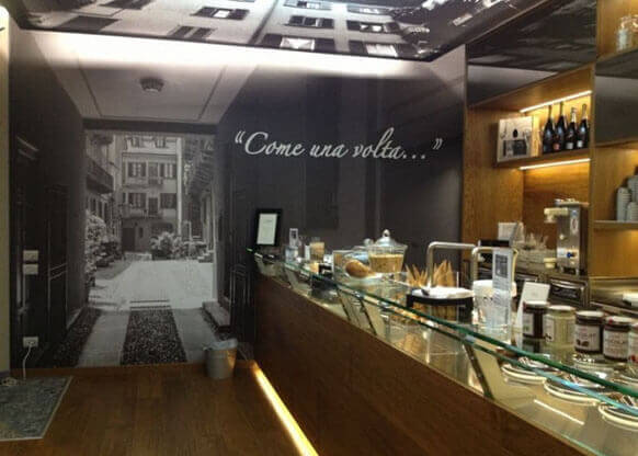 MOLTENI-VERNICI cafe interior with vintage paint effect street scene backdrop