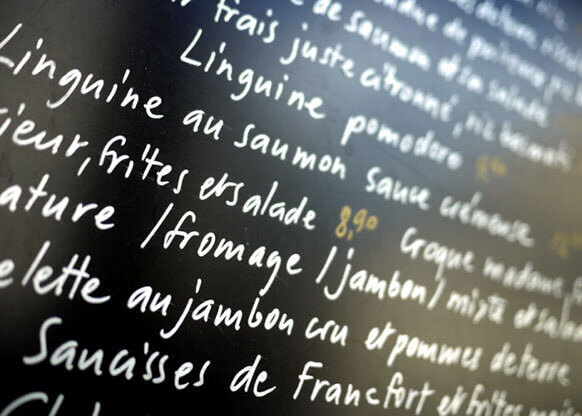 MOLTENI-VERNICI chalkboard menu with handwritten French culinary paint effect