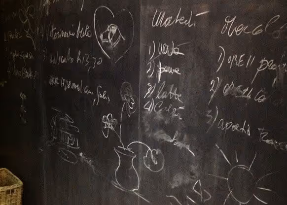 MOLTENI-VERNICI chalkboard with sketchy paint effect and handwritten notes