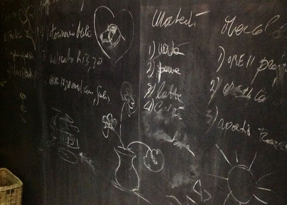 MOLTENI-VERNICI chalkboard with sketchy paint effect and handwritten notes