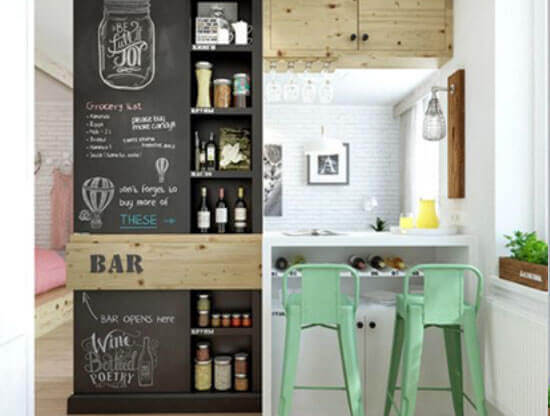 Stylish home bar with MOLTENI-VERNICI special varnish effect chalkboard shelving
