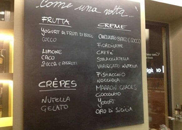 MOLTENI-VERNICI chalkboard menu showcasing special varnish effect with crepes and gelato options