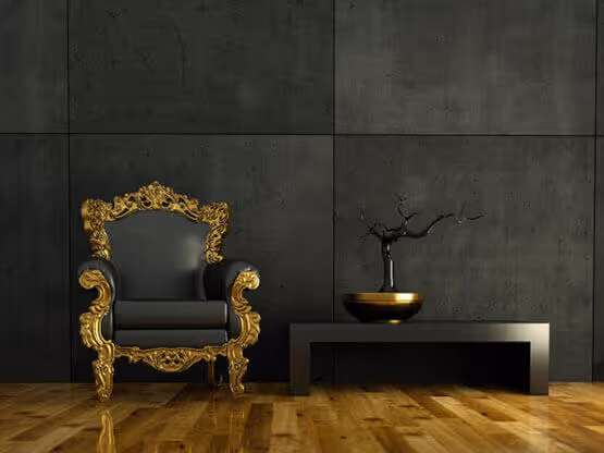 Smalto MOLTENI-VERNICI: poltrona barocca lussuosa a effetto oro su sfondo grigio