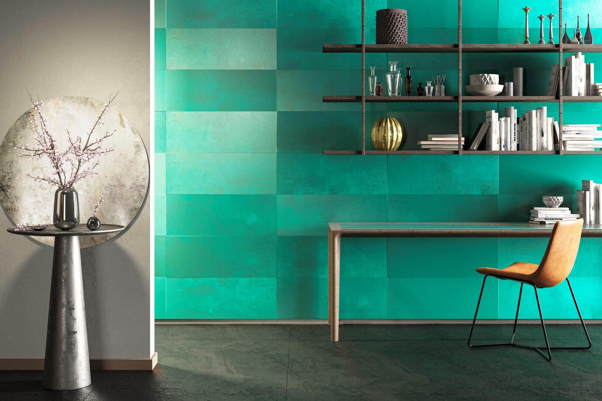 MOLTENI-VERNICI special oxidation paint effect creates vibrant teal interior design