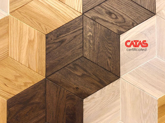 MOLTENI-VERNICI special top coat wood parquet tiles in hexagonal geometric pattern