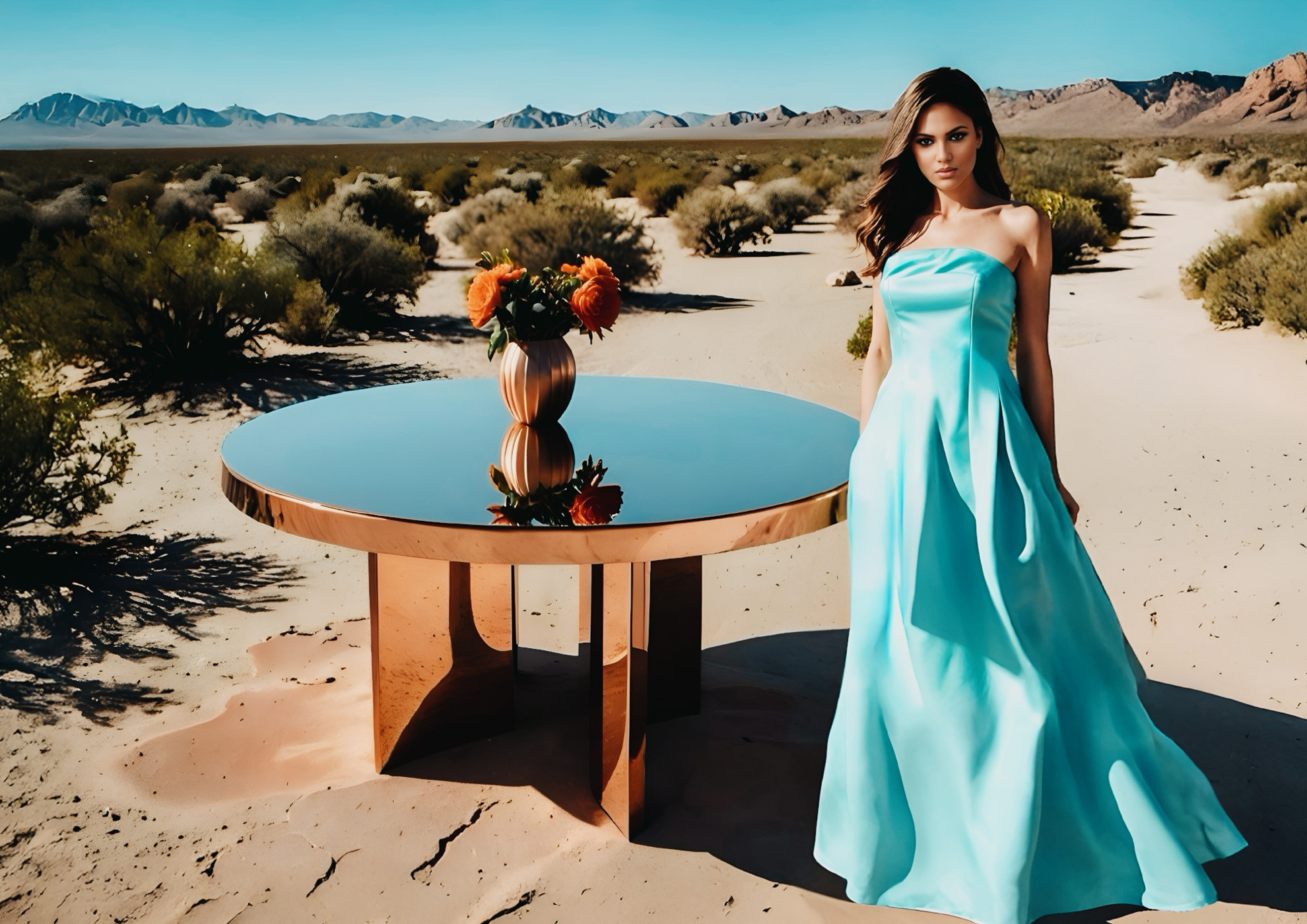 MOLTENI-VERNICI Speziallacke: Türkises Kleid in Wüstenlandschaft mit Tisch