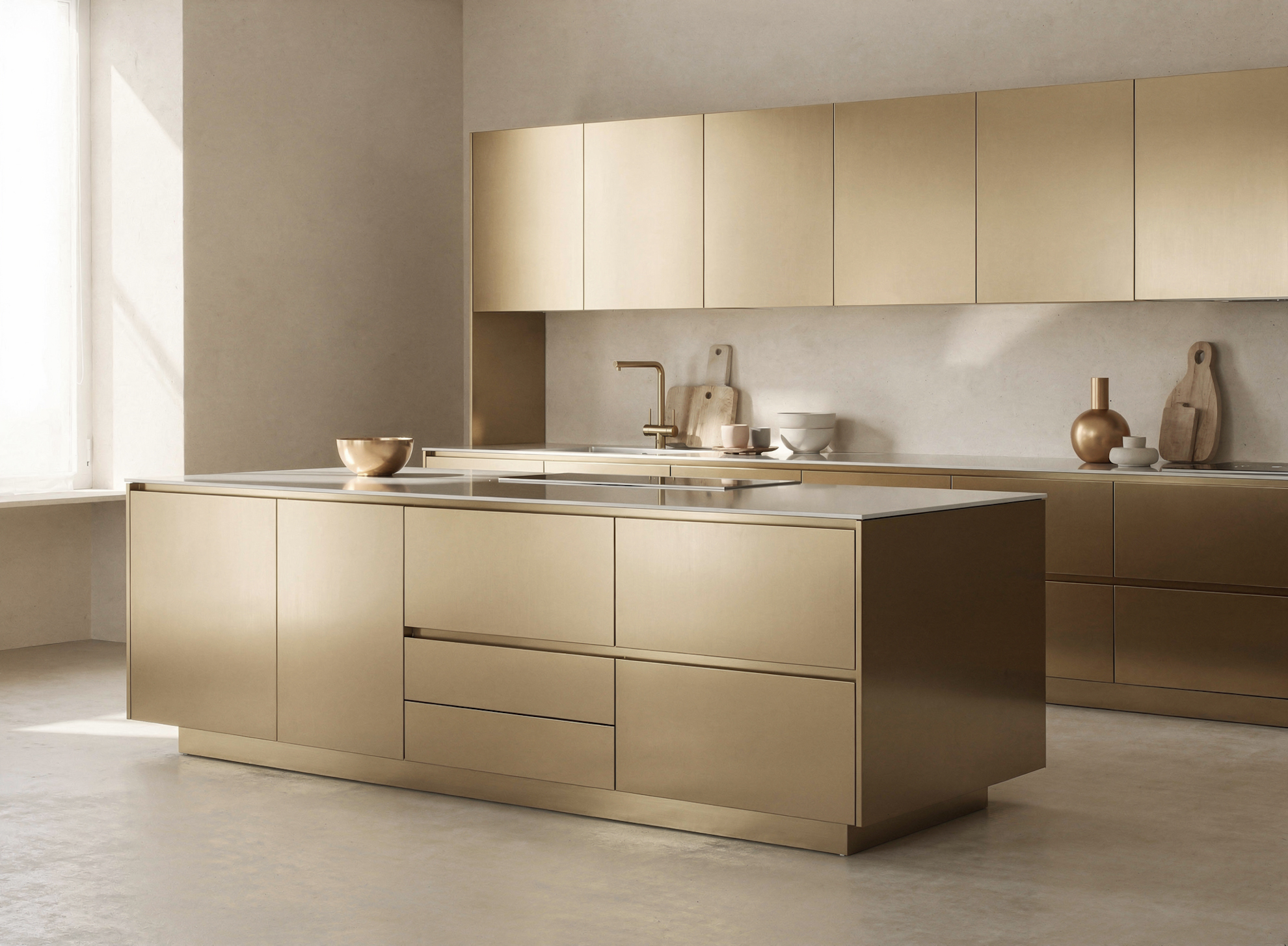 Kücheninsel im zeitgenössischen Design mit Never Flat Molteni Vernici Anodised-Metallic-Effekt-Oberfläche, luxuriöse matte Bronzeoberfläche, die das minimalistische Design und die hochwertige Verarbeitungsqualität des Premium-Möbels hervorhebt.
