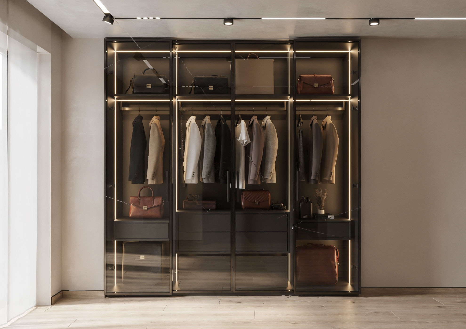 Zeitgenössischer Kleiderschrank mit schwarzer Metallstruktur und Never Flat Anodisierungs-Effektfinish von Molteni Vernici, Premium-Oberfläche mit charakteristischer Metallic-Patina für High-End-Luxus-Inneneinrichtungsdesign.