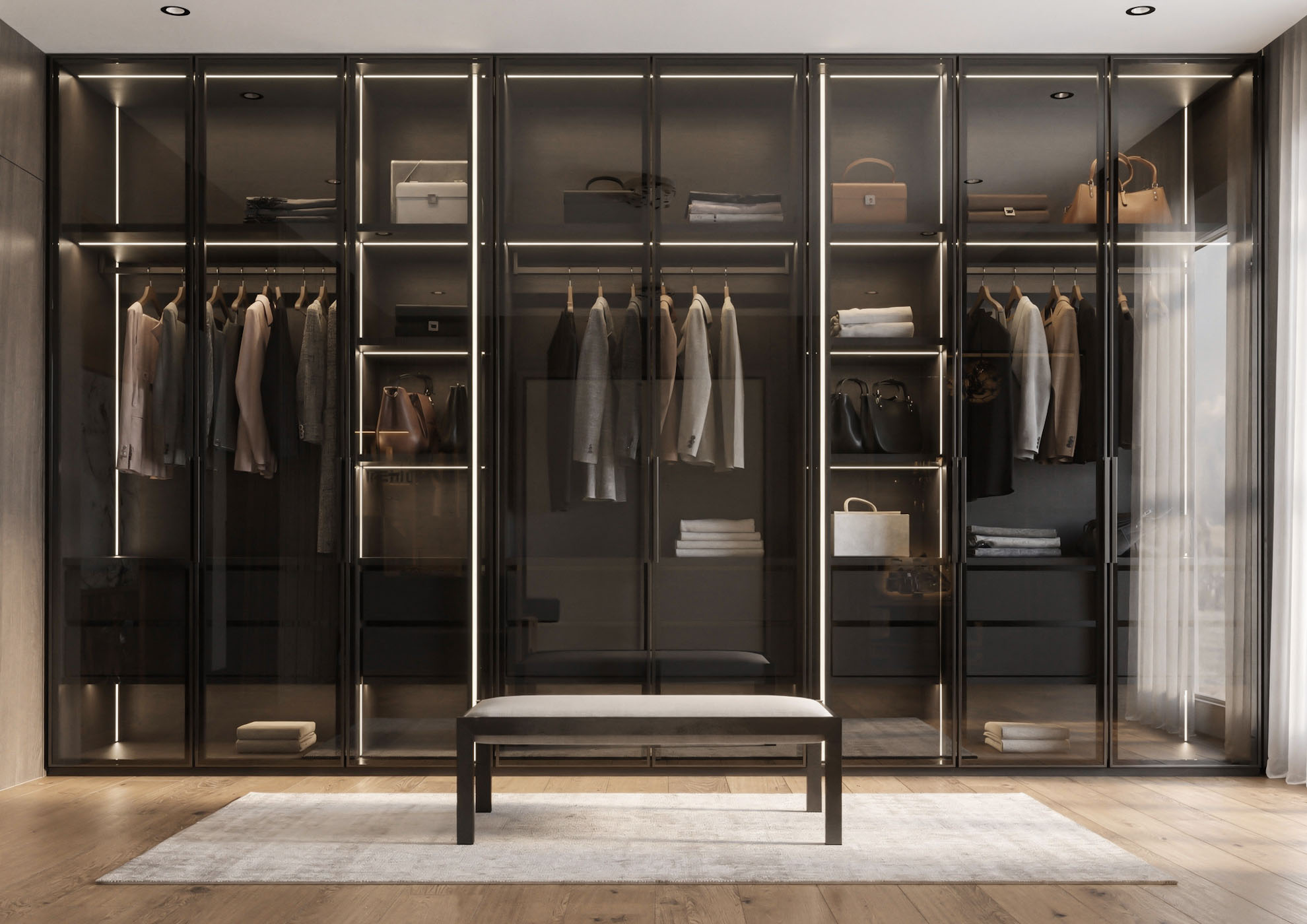 Designer-Garderoben-Kabinensystem mit schwarzem Metallrahmen und Never Flat Anodized-Effekt-Finish von Molteni Vernici, Premium-Oberfläche für zeitgenössisches Luxury-Interior.