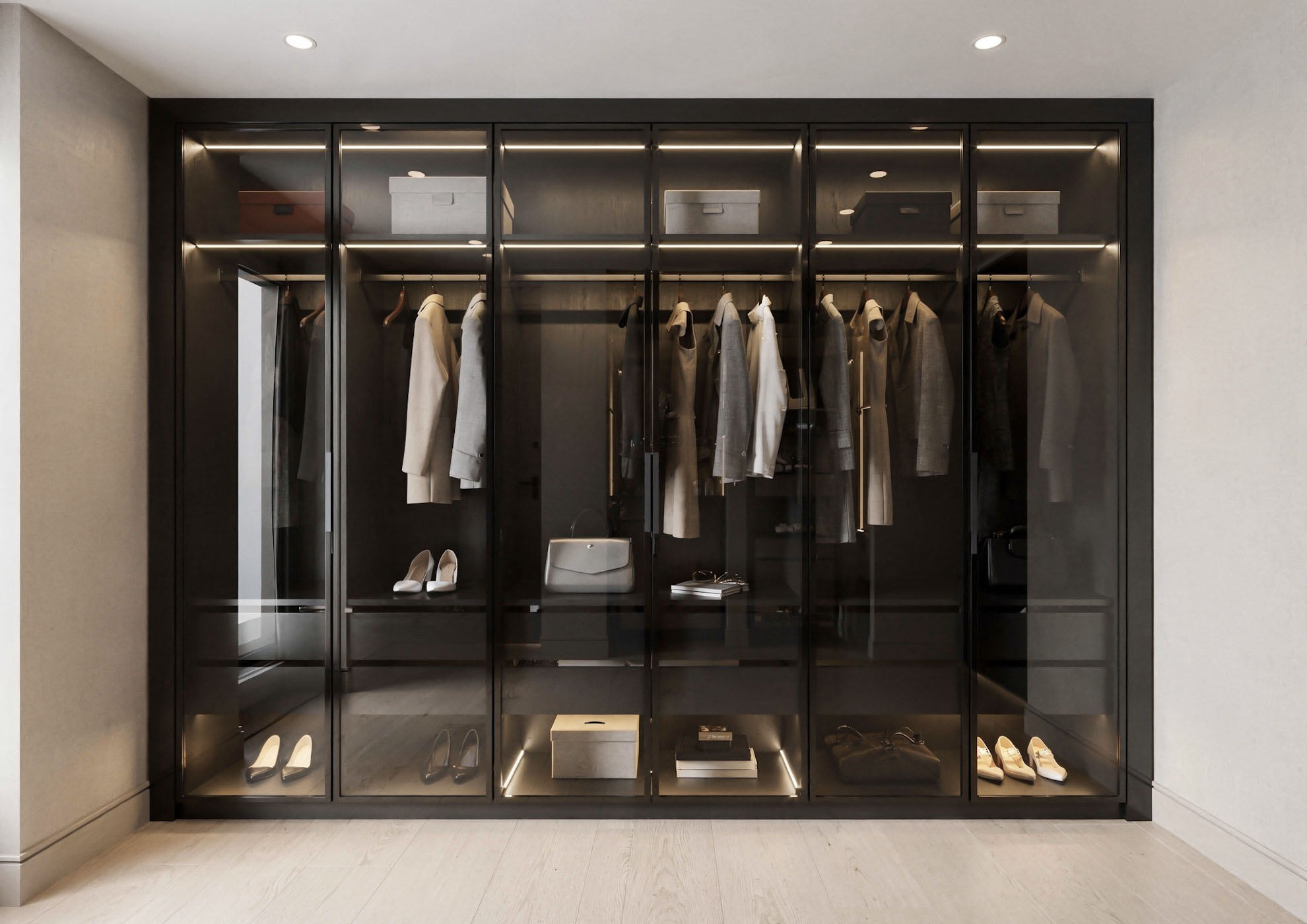 Luxus-Garderobe aus Glas mit Metallrahmen in Never Flat Anodised-Effekt von Molteni Vernici, integrierter LED-Beleuchtung und Premium-Oberflächen für zeitgenössisches High-End-Interior-Design.