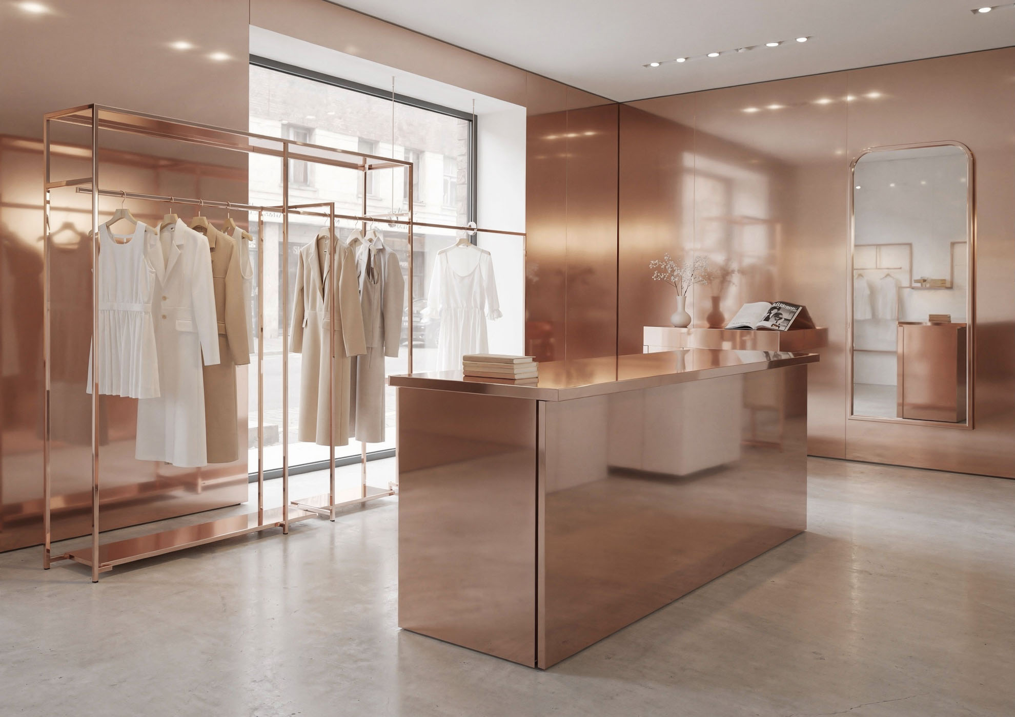 Innenbreich einer Fashion-Boutique mit Möbeln aus anodisiertem Metall in mattem Roségold-Effekt von Molteni Vernici, Premium-Oberflächen Never Flat, die das zeitgenössische Design und die luxuriöse Eleganz des Einzelhandelraums unterstreichen.