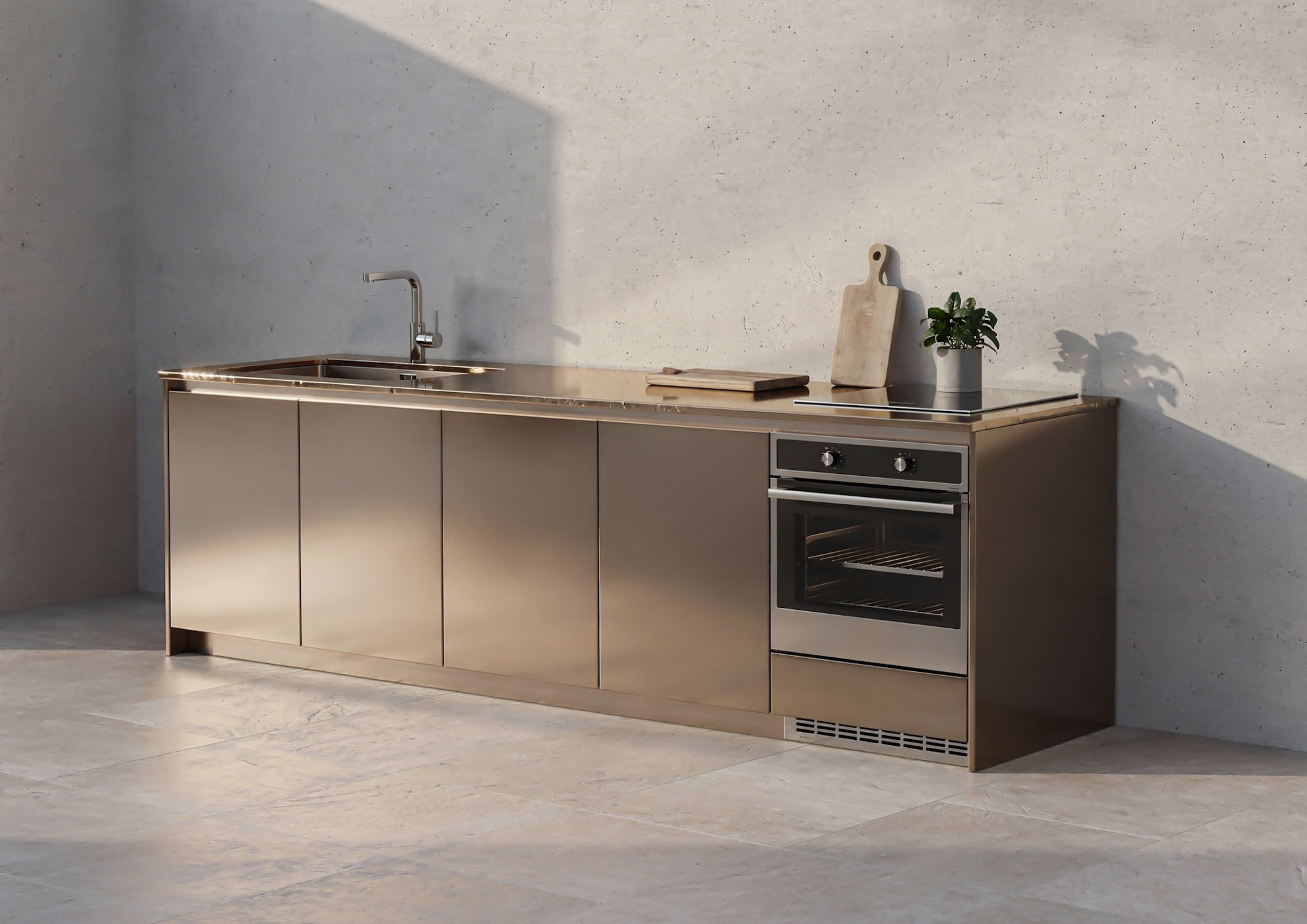 Luxury outdoor kitchen with matte bronze metal fronts in Never Flat anodized effect by Molteni Vernici, a premium finish that imparts contemporary elegance and durability to the decorative surfaces of the kitchen island.