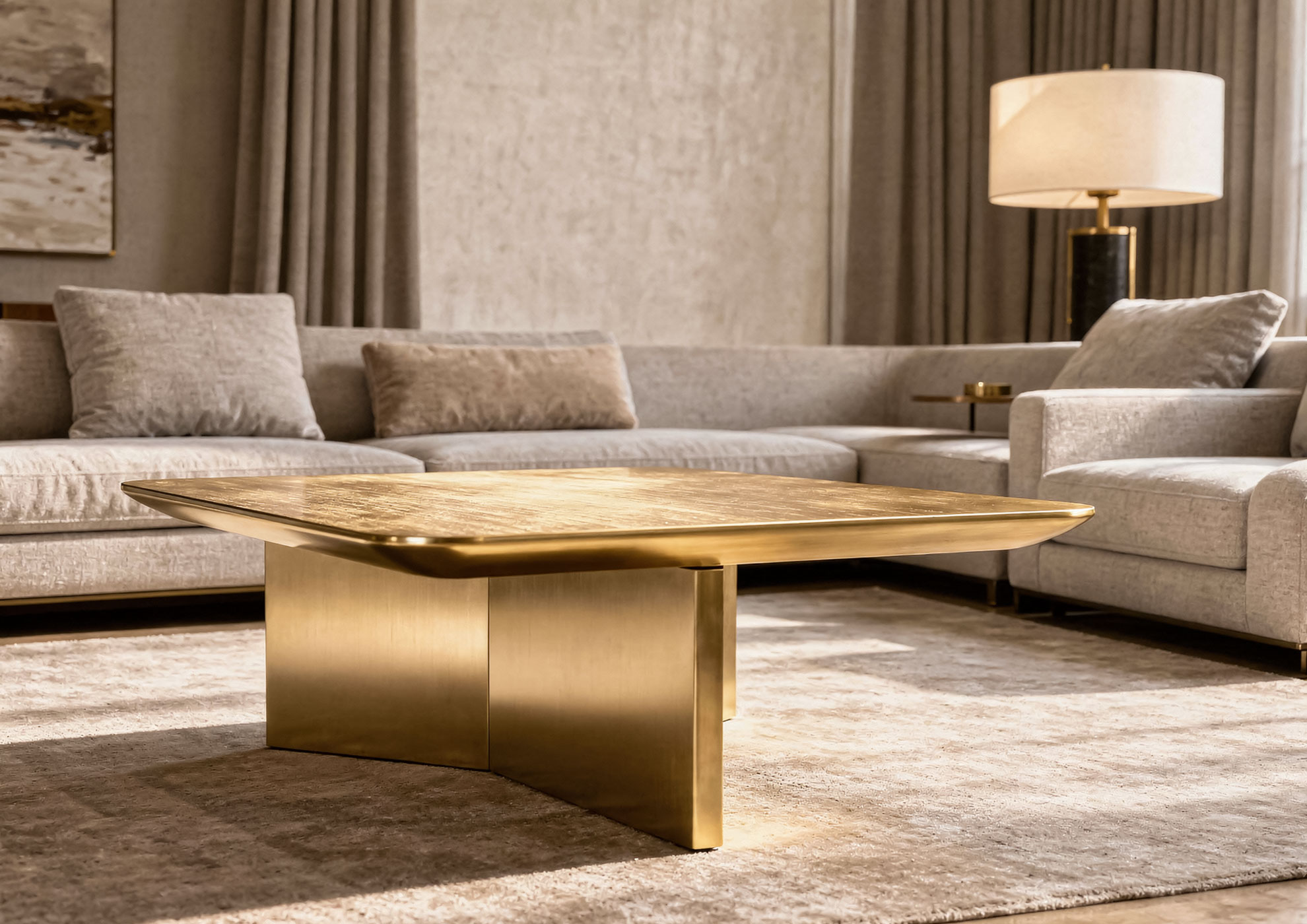 Luxury coffee table with Satin Brushed Gold Never Brushed Molteni Vernici finish, brushed metallic surface that enhances contemporary design in a refined interior elegance setting.