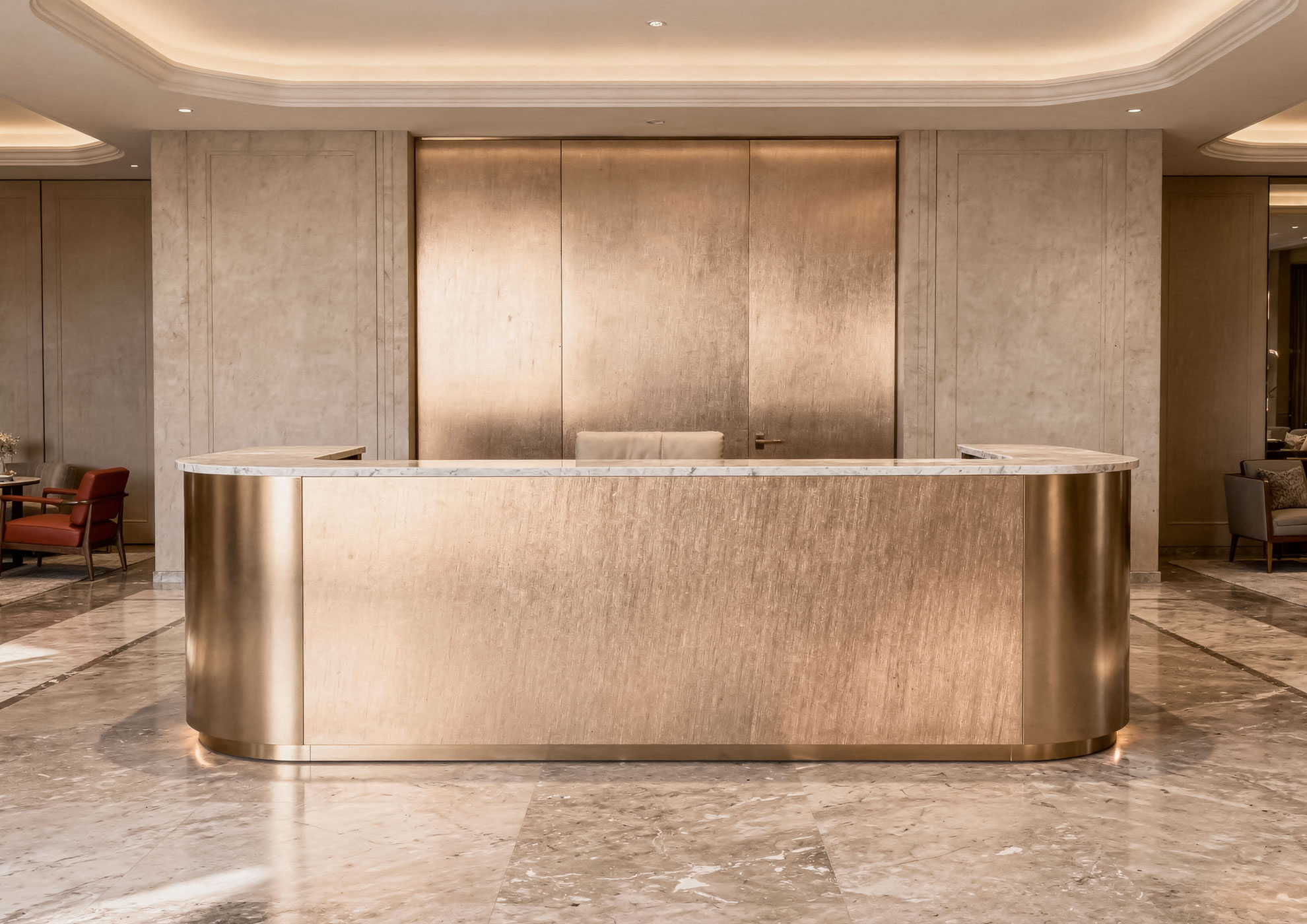 Luxury reception desk with Never Brushed brushed gold effect finish Molteni Vernici, premium decorative metallic surface for high-end hotels and contract spaces.