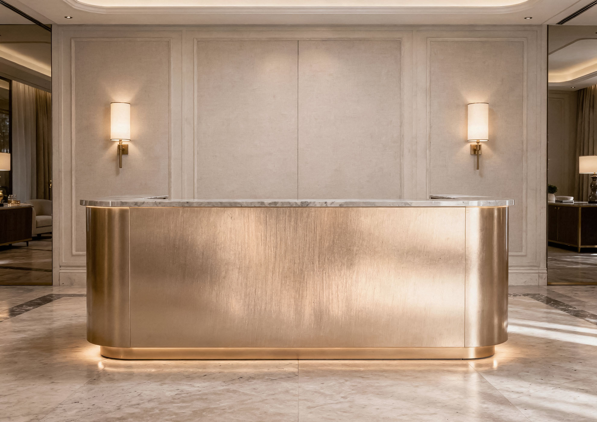 Reception desk luxury with Spazzolato Oro Molteni Vernici finish, precious decorative metallic surface for contemporary hospitality design and exclusive interior architecture.