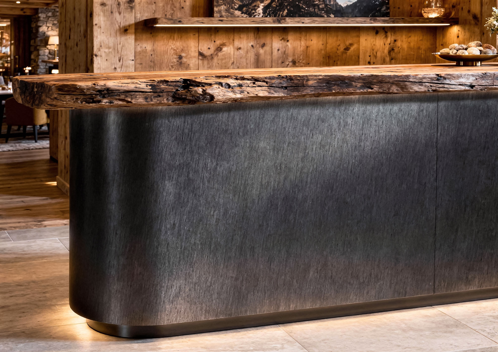 Design bar counter with Never Brushed black galvanic brushed metal coating Molteni Vernici, reclaimed solid wood top, premium decorative surface for luxury hospitality and contemporary architectural interior.