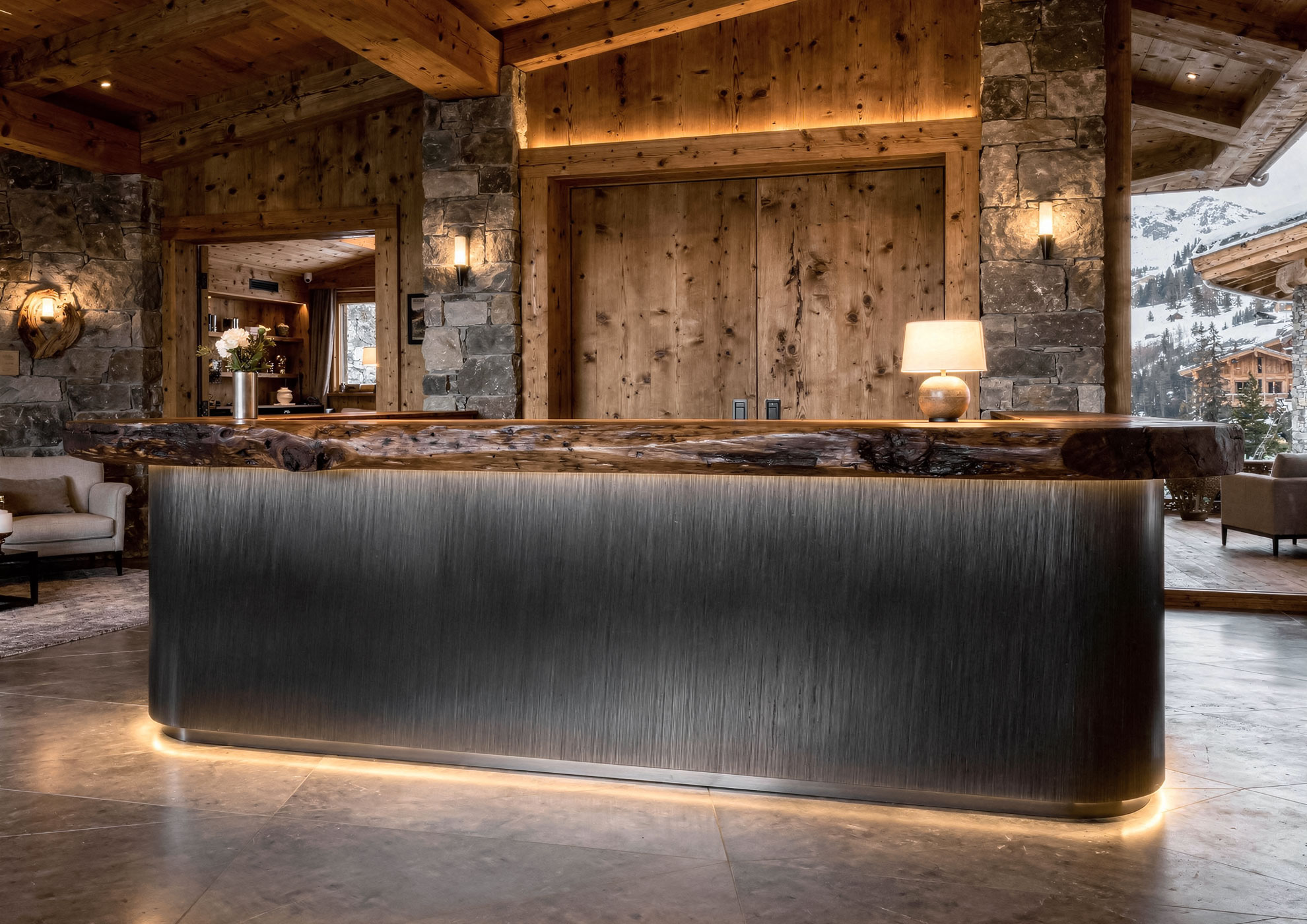 Luxury bar counter with Never Brushed galvanic black finish Molteni Vernici, dark brushed metallic surface for high-end contemporary interior design with solid wood top.