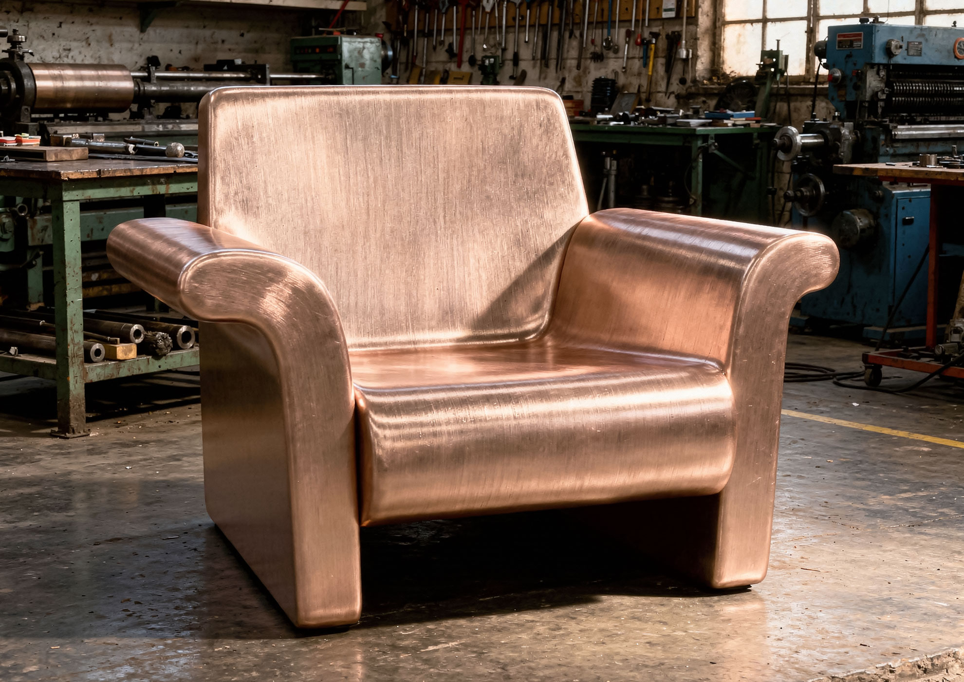 Design armchair in brushed copper metal with Never Brushed Molteni Vernici finish, decorative metallic-effect surface for contemporary luxury furnishings in industrial-chic interiors.