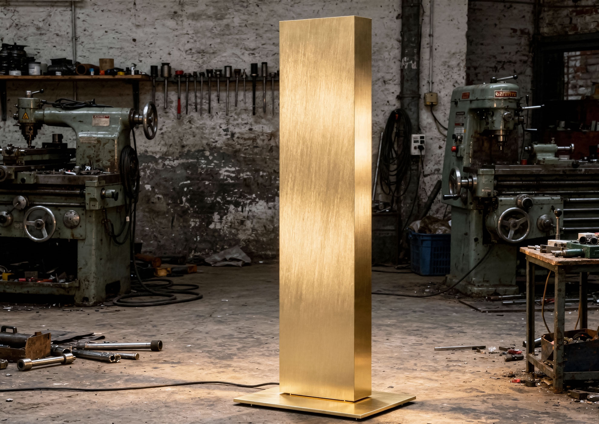 Luminous metal sculpture with Never Brushed brushed gold finish by Molteni Vernici, contemporary design object characterized by reflective surface and sophisticated texture for prestigious architectural environments.