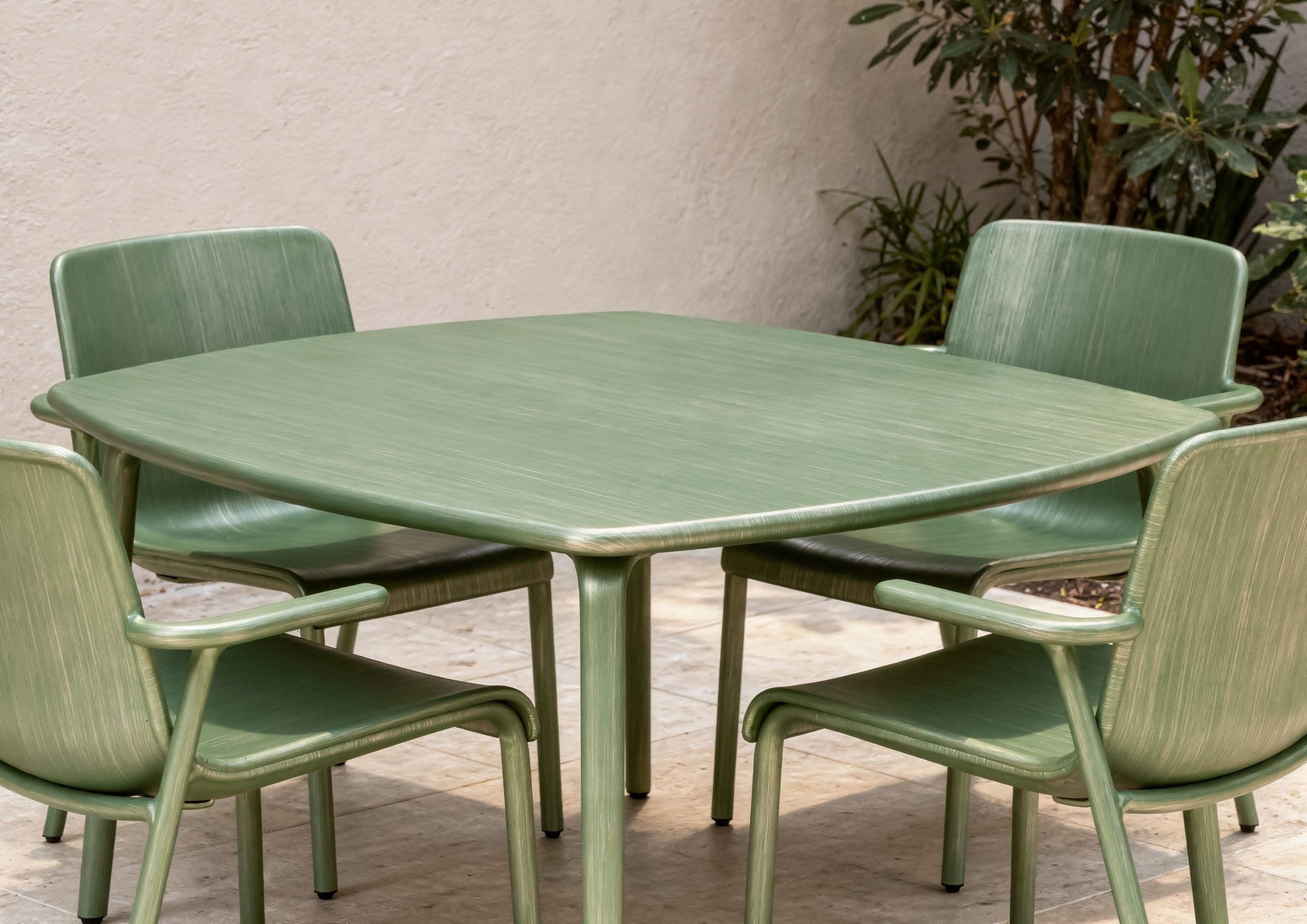 Design garden table with green Never Brushed brushed metal effect finish by Molteni Vernici, premium decorative surface for outdoor luxury with contemporary galvanic patina.