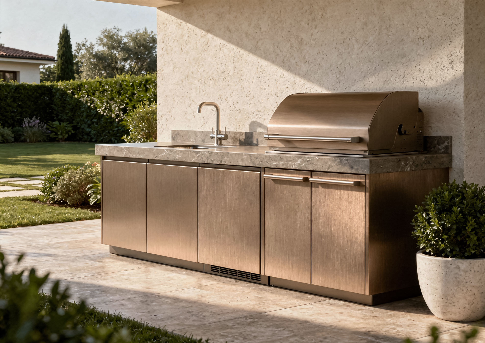 Luxury outdoor kitchen with brushed copper Never Brushed finishes by Molteni Vernici, premium metallic surfaces that enhance contemporary design with natural effect and total protection.