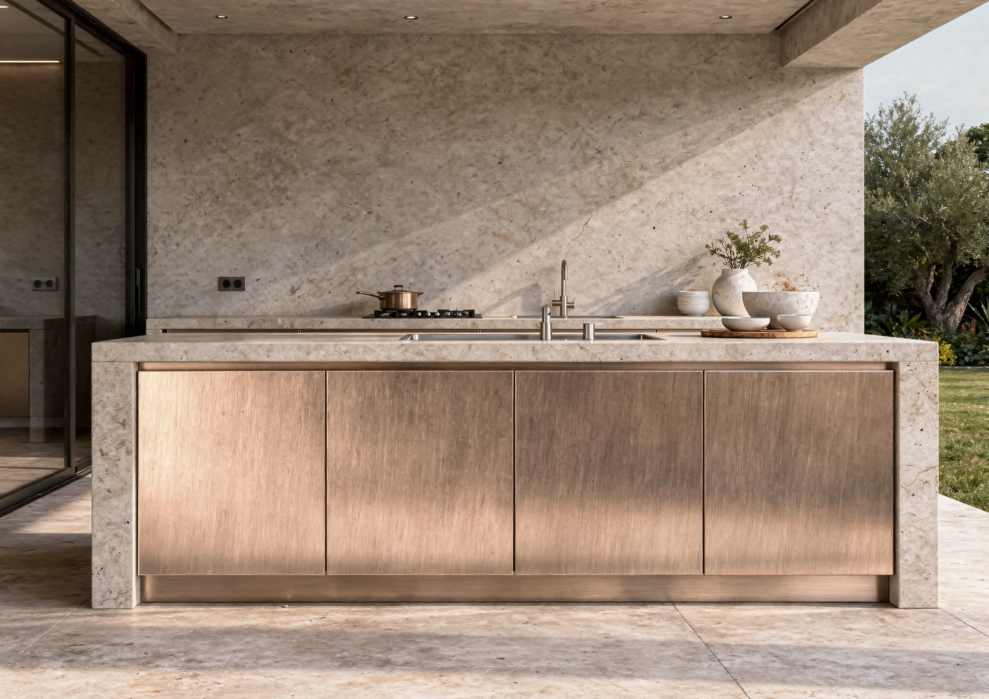 Minimal outdoor kitchen with brushed copper metal doors in Never Brushed Molteni Vernici, a premium decorative finish that imparts depth and contemporary elegance to luxury architectural design.