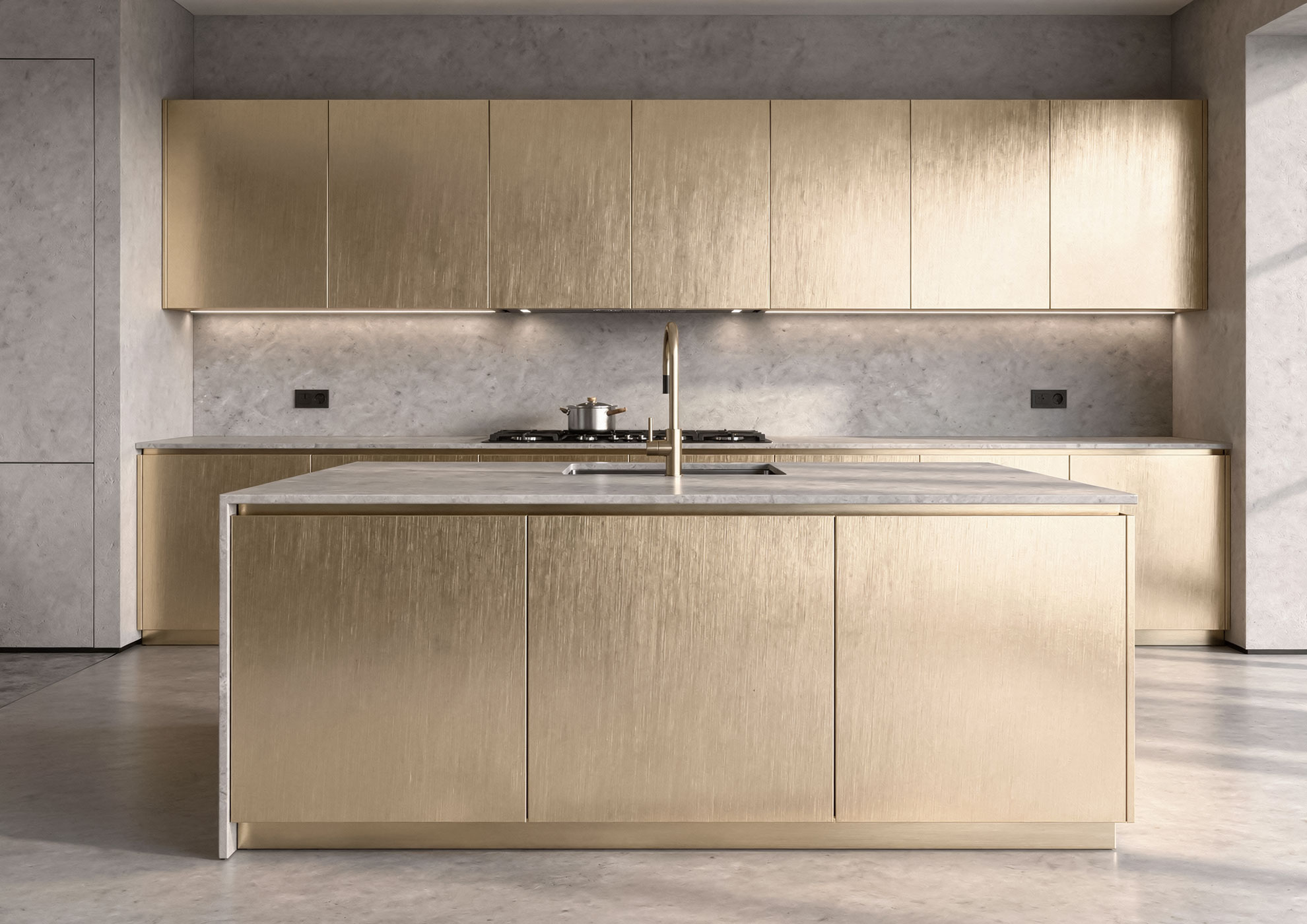 Minimal kitchen island with fronts in Never Brushed brushed gold effect finishes Molteni Vernici, luxury contemporary design characterized by refined metallic surfaces and decorative brushed effect finish for prestigious interiors.