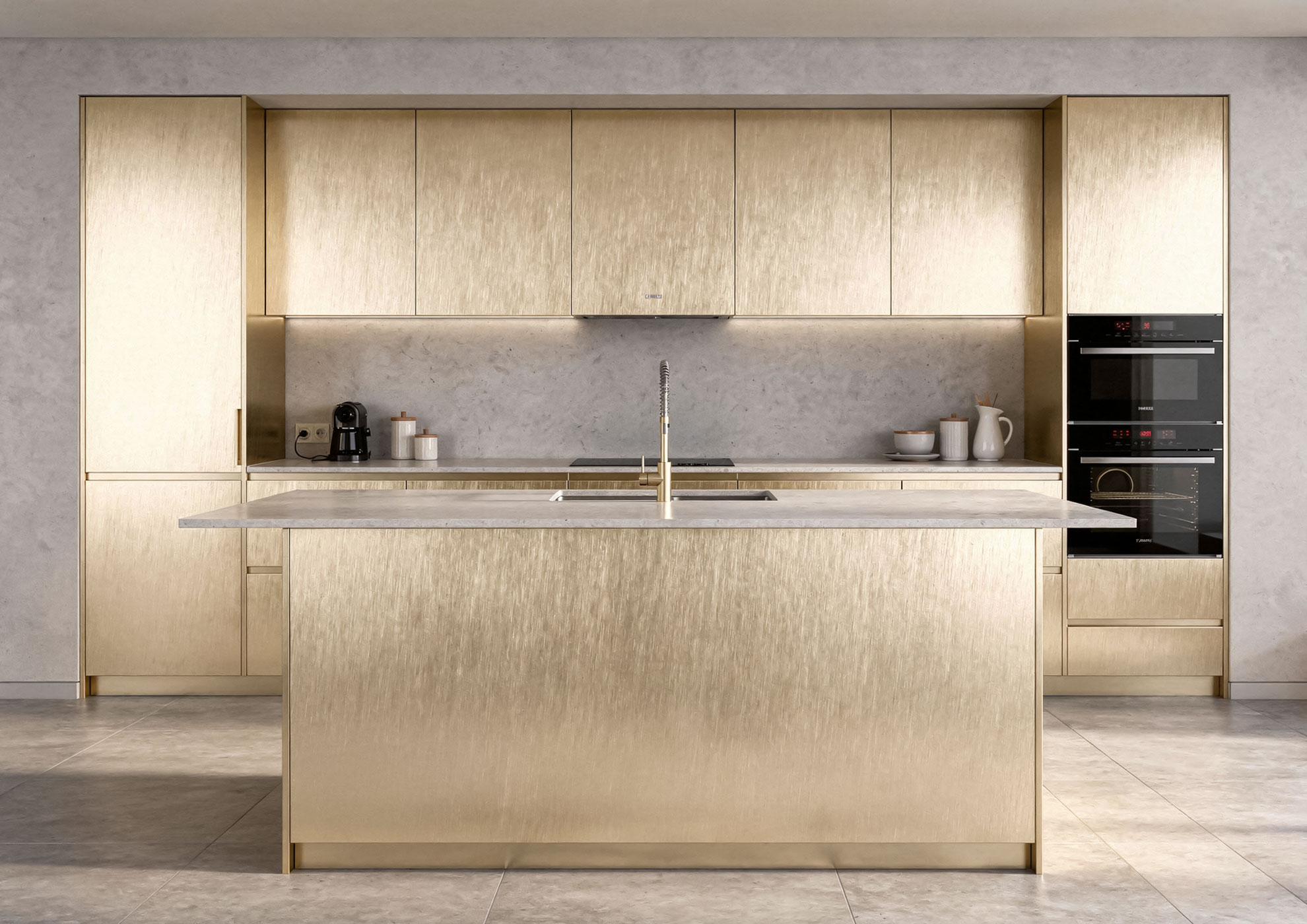 Architectural kitchen in Never Brushed brushed gold Molteni Vernici, with central island and fronts in brushed metal effect finish for a contemporary and luxurious interior design of pure Italian elegance.