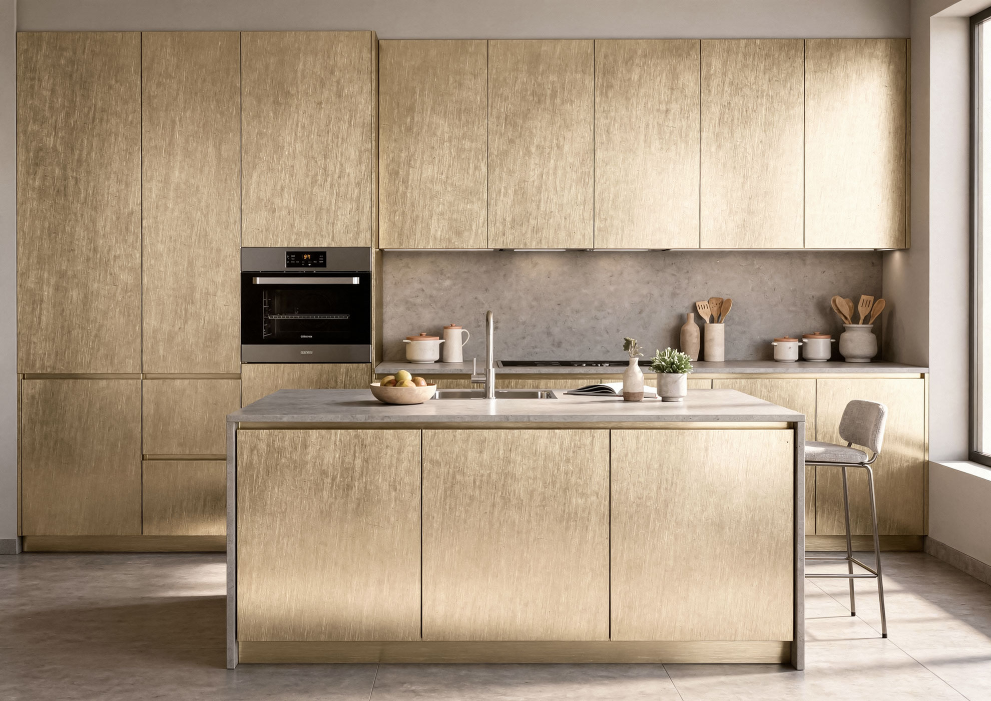 Luxury kitchen with brushed gold metal fronts applied with Never Brushed effect coating by Molteni Vernici, high aesthetic intensity decorative surfaces for prestigious contemporary interior design.
