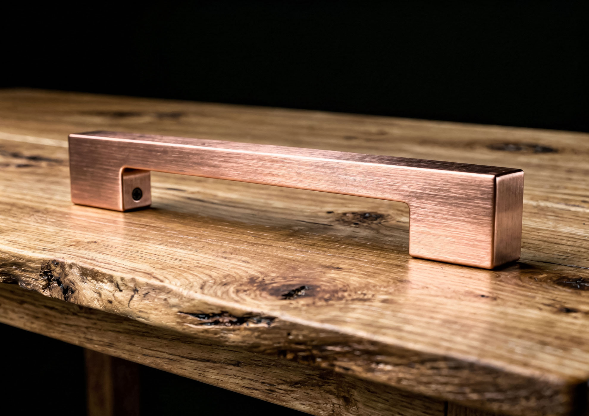 Brushed copper Never Brushed handle for design furniture, Molteni Vernici metal effect finish applied on natural wood base, luxury detail for contemporary interior made in Italy.