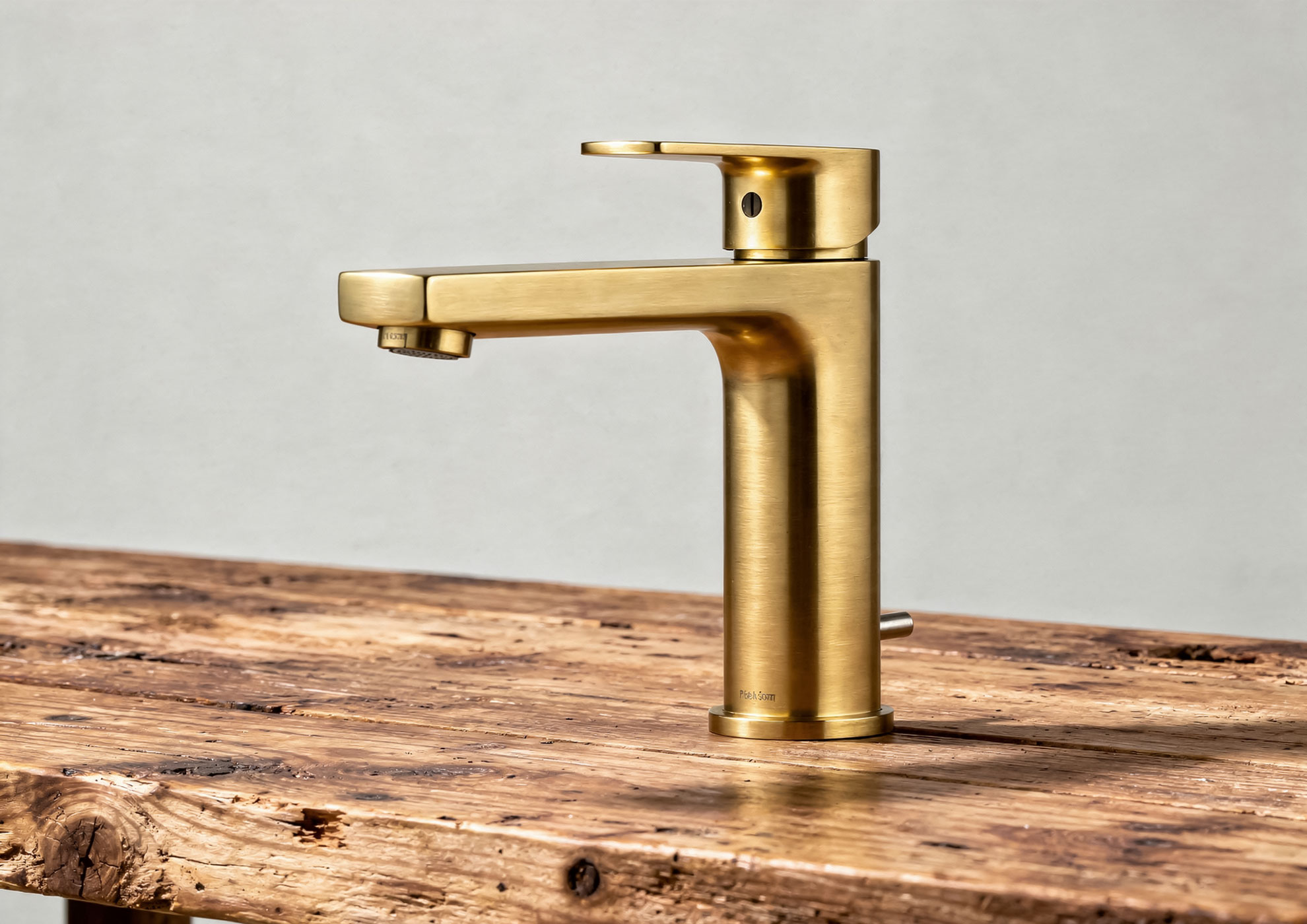 Single-lever luxury faucet with Never Brushed brushed gold finish by Molteni Vernici, premium decorative application on metal for contemporary Italian design bathroom.