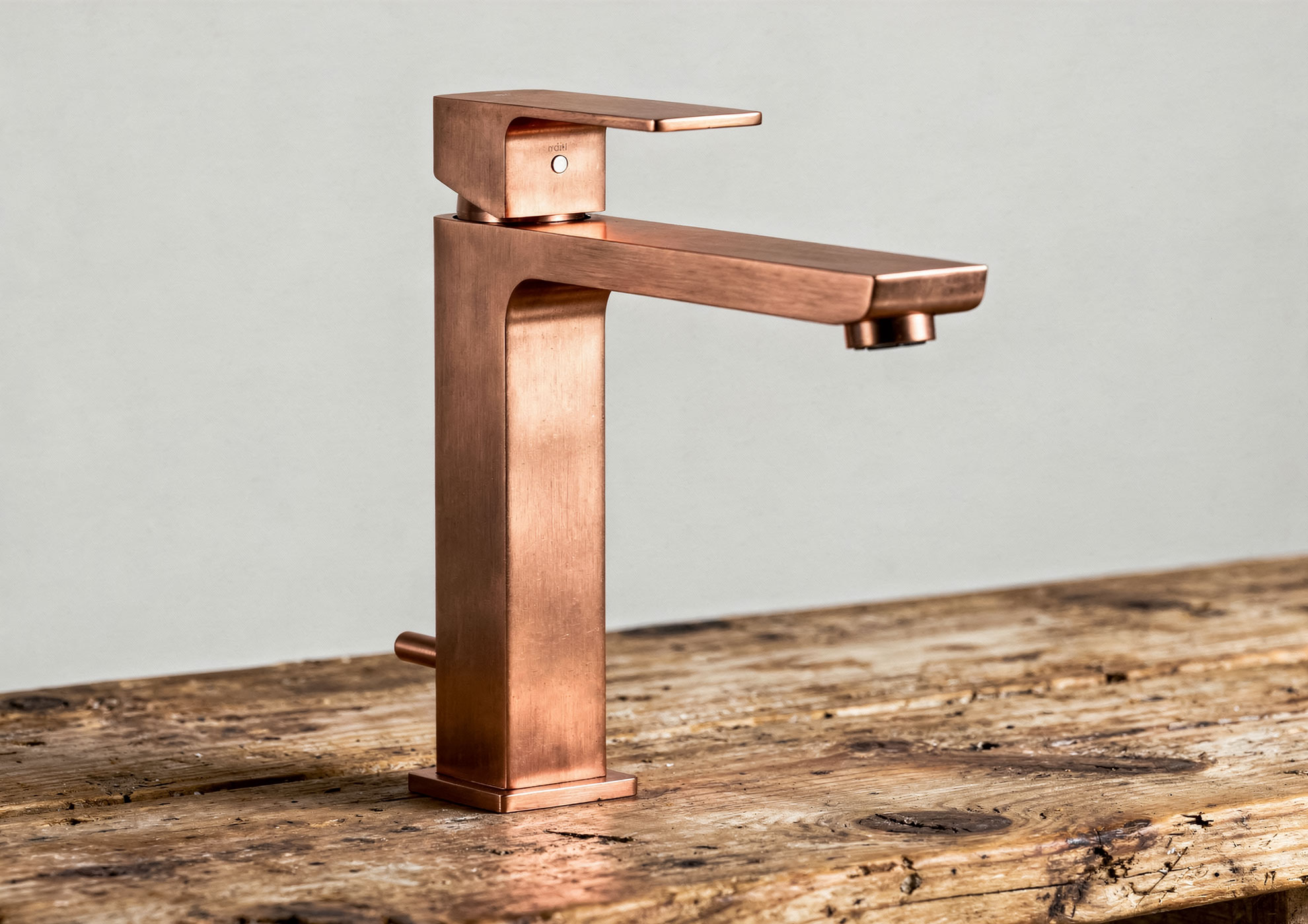 Single-lever design faucet with Never Brushed brushed copper finish Molteni Vernici, luxury decorative application on metal for prestigious contemporary bathroom.