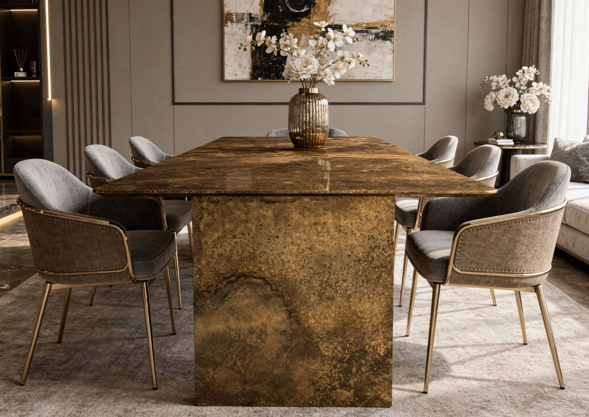 Mesa de comedor luxury con base y sobre en acabado Materico Gold Bronze Oxidized Molteni Vernici, superficie decorativa con efecto grabado de metales para interiorismo contemporáneo de prestigio.