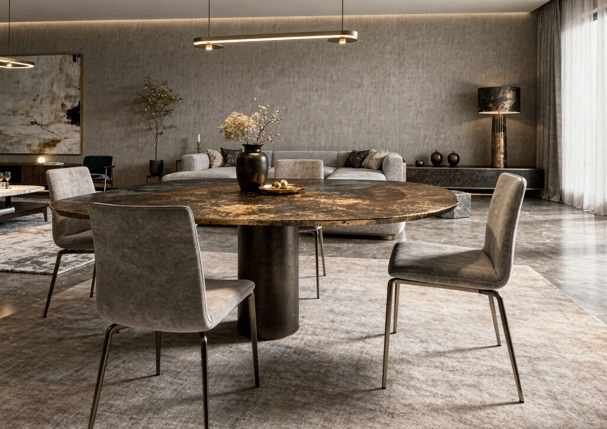 Mesa redonda de lujo con base en metal y tablero en mármol bronze con acabado Materico efecto acidadura metálica Molteni Vernici, superficie decorativa premium para living room contemporáneo de diseño.