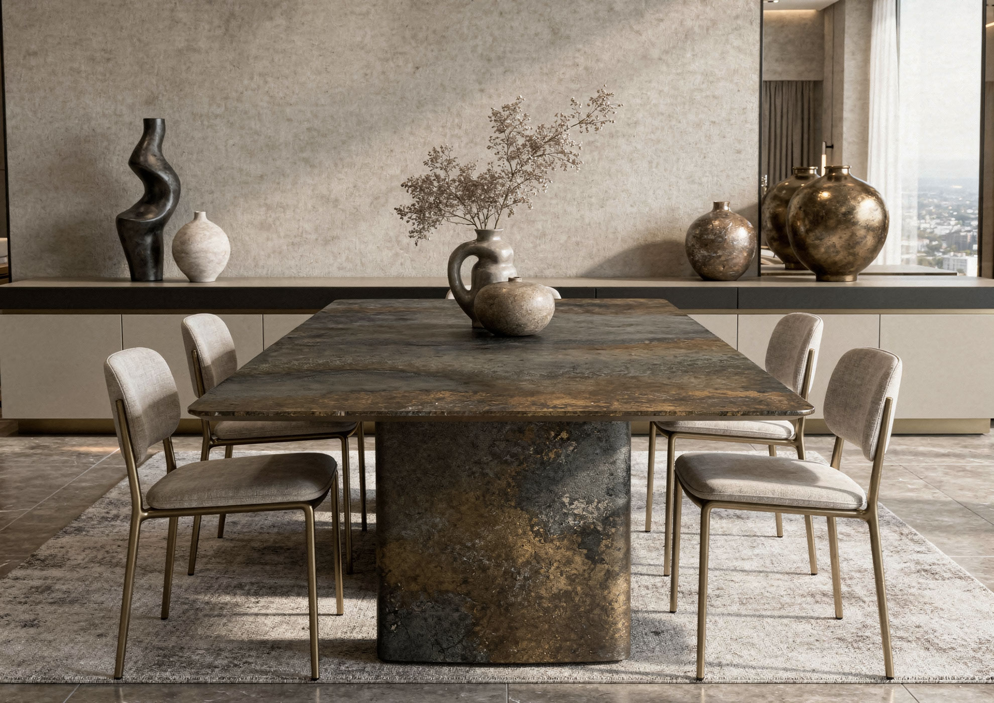 Mesa de comedor de lujo con base en piedra y tablero revestido en acabado Materico Bronze Metallic Molteni Vernici, superficie decorativa con efecto grabado de metales para un diseño interior contemporáneo y sofisticado.