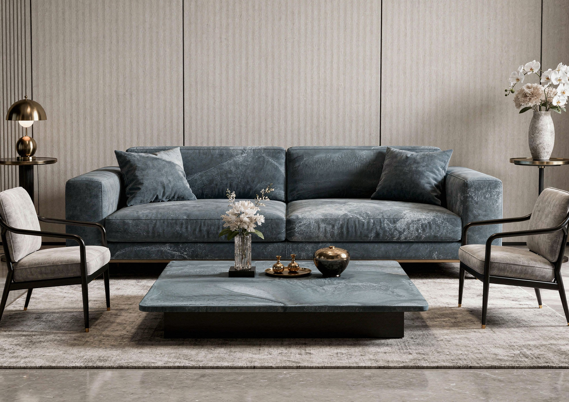 Mesita de centro de lujo con acabado Materico Blue Grey Metallic Molteni Vernici, superficie decorativa de grabado ácido en metales para diseño interior contemporáneo de prestigio.