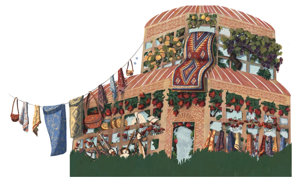 Colorful market stall with hanging rugs, fruits, flowers, and traditional stringed instruments.