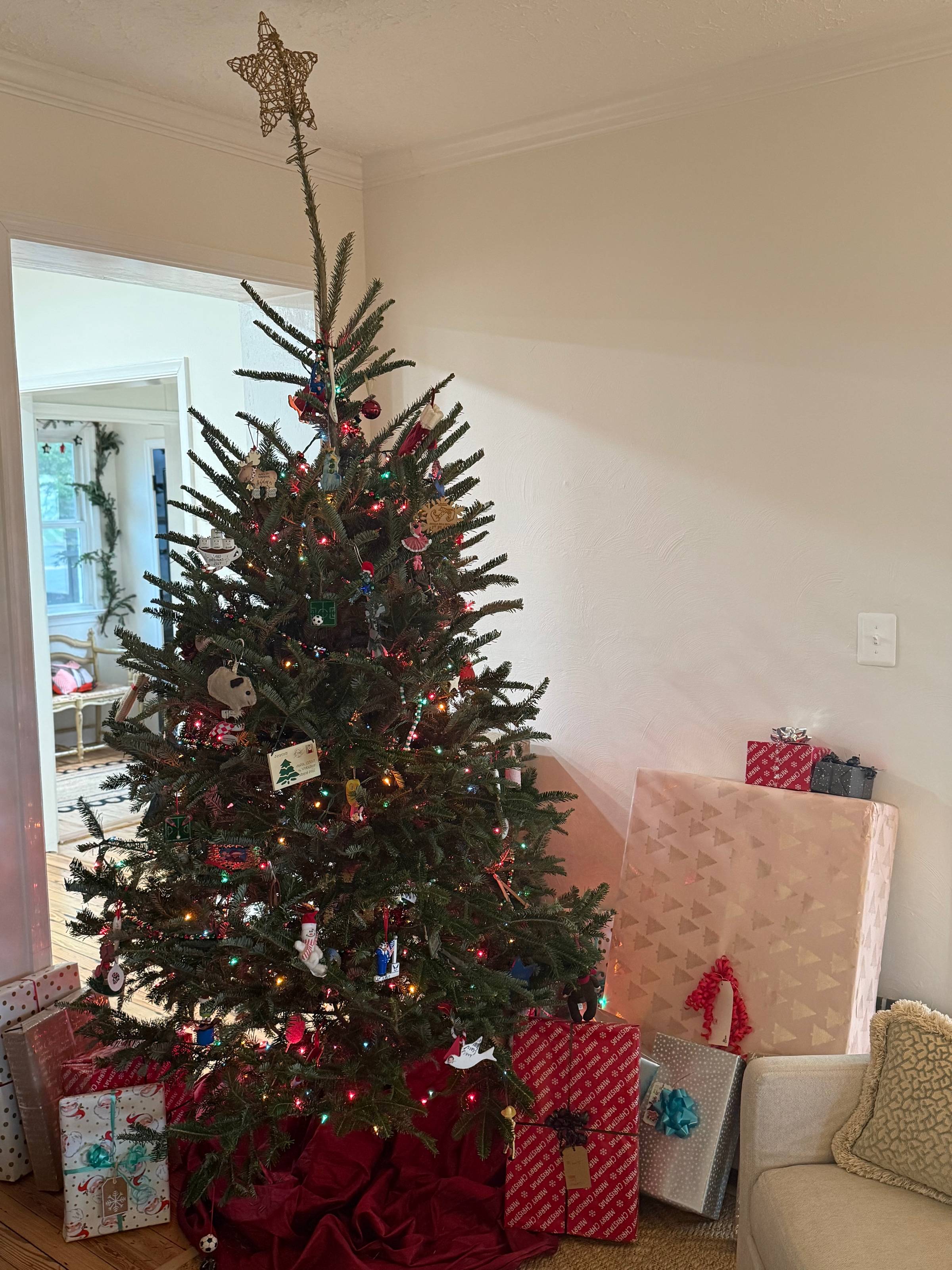 A decorated Christmas tree, complete with gold star on top, sits in Stephen's living room surrounded by beautifully wrapped Christmas gifts.