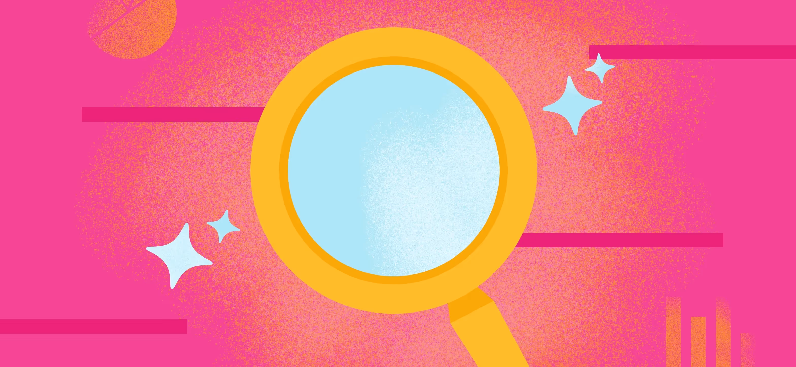A drawing of a magnifying glass over a pink background.