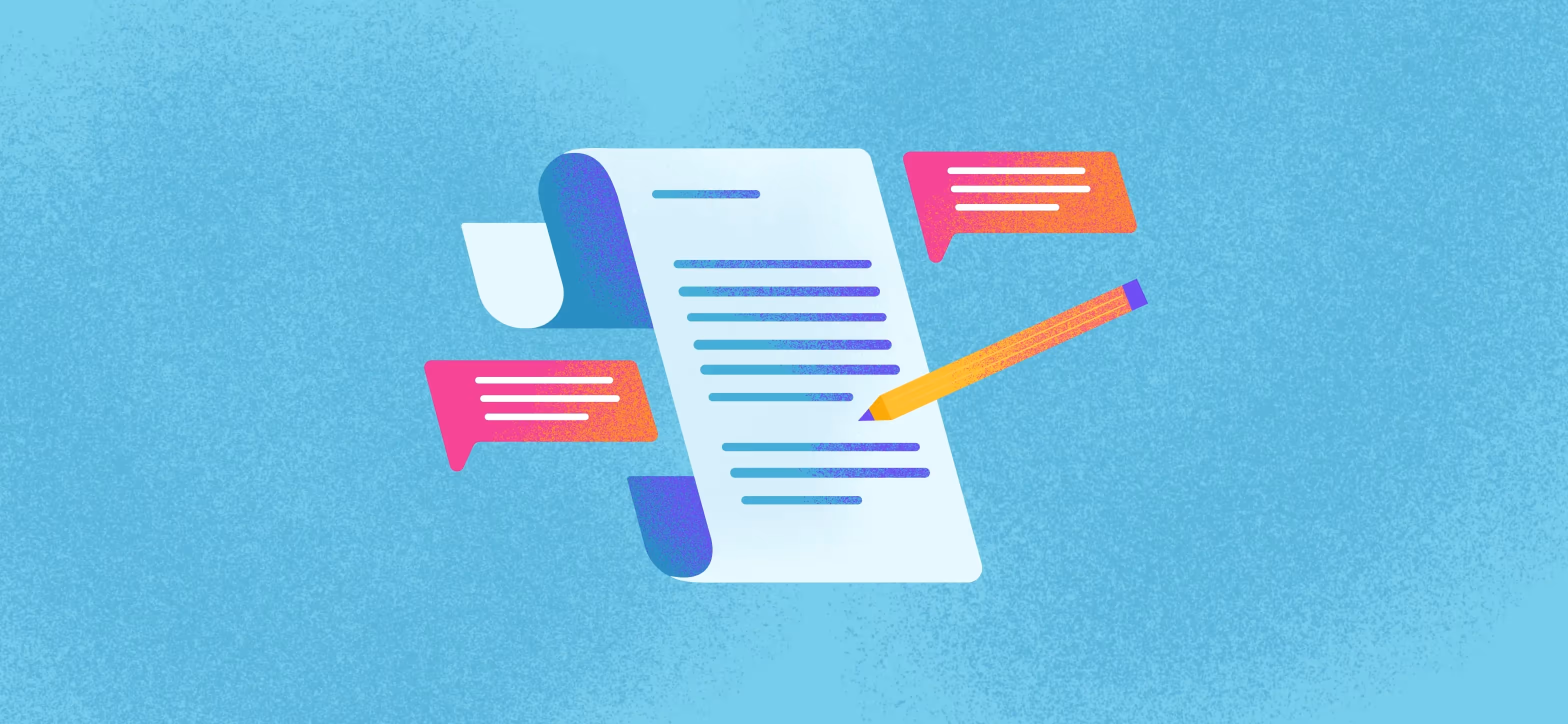 An illustration of a piece of paper, a pencil, and speech bubbles over a blue background.