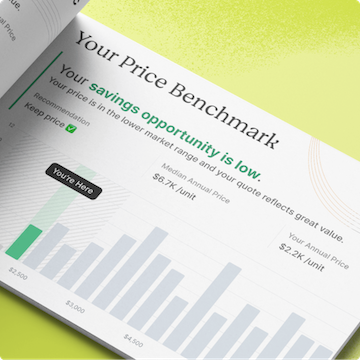 Angled screenshot of Tropic's Your Price Benchmark report showing a keep-price recommendation and market price range