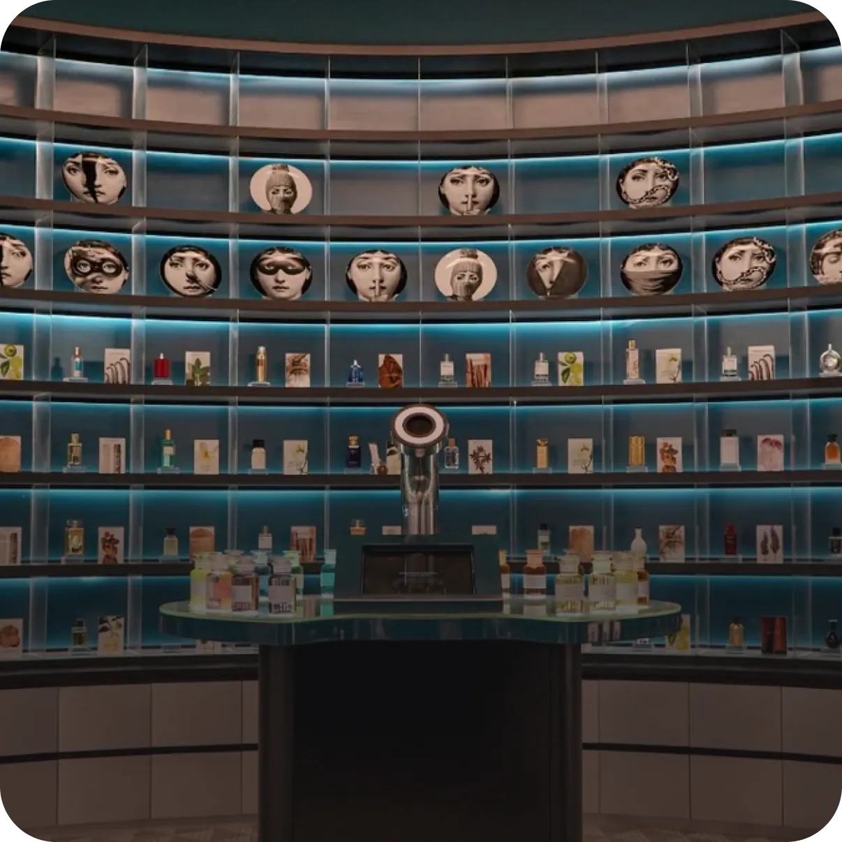Curved boutique display wall lined with perfume bottles and decorative face-print discs.