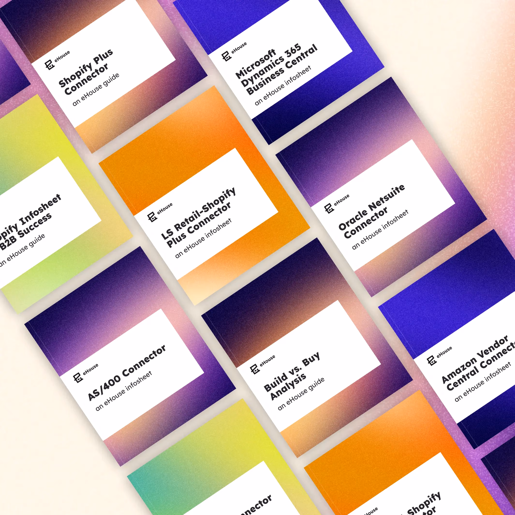 Grid of eHouse resource guide covers for Shopify Plus, Microsoft Dynamics 365, Oracle NetSuite, and AS/400 connectors.
