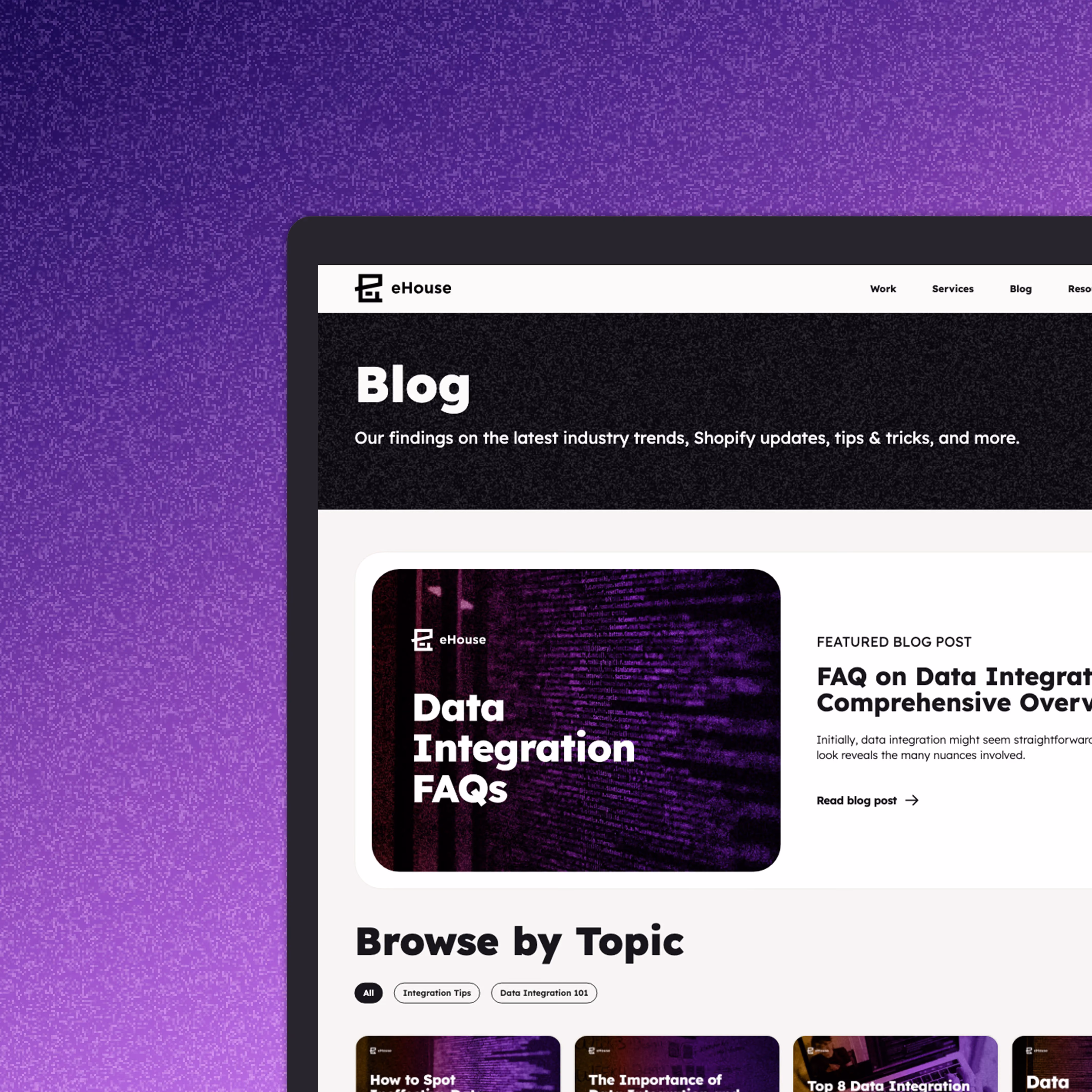 Screenshot of the ehouse blog homepage displayed on a laptop over a purple gradient background.