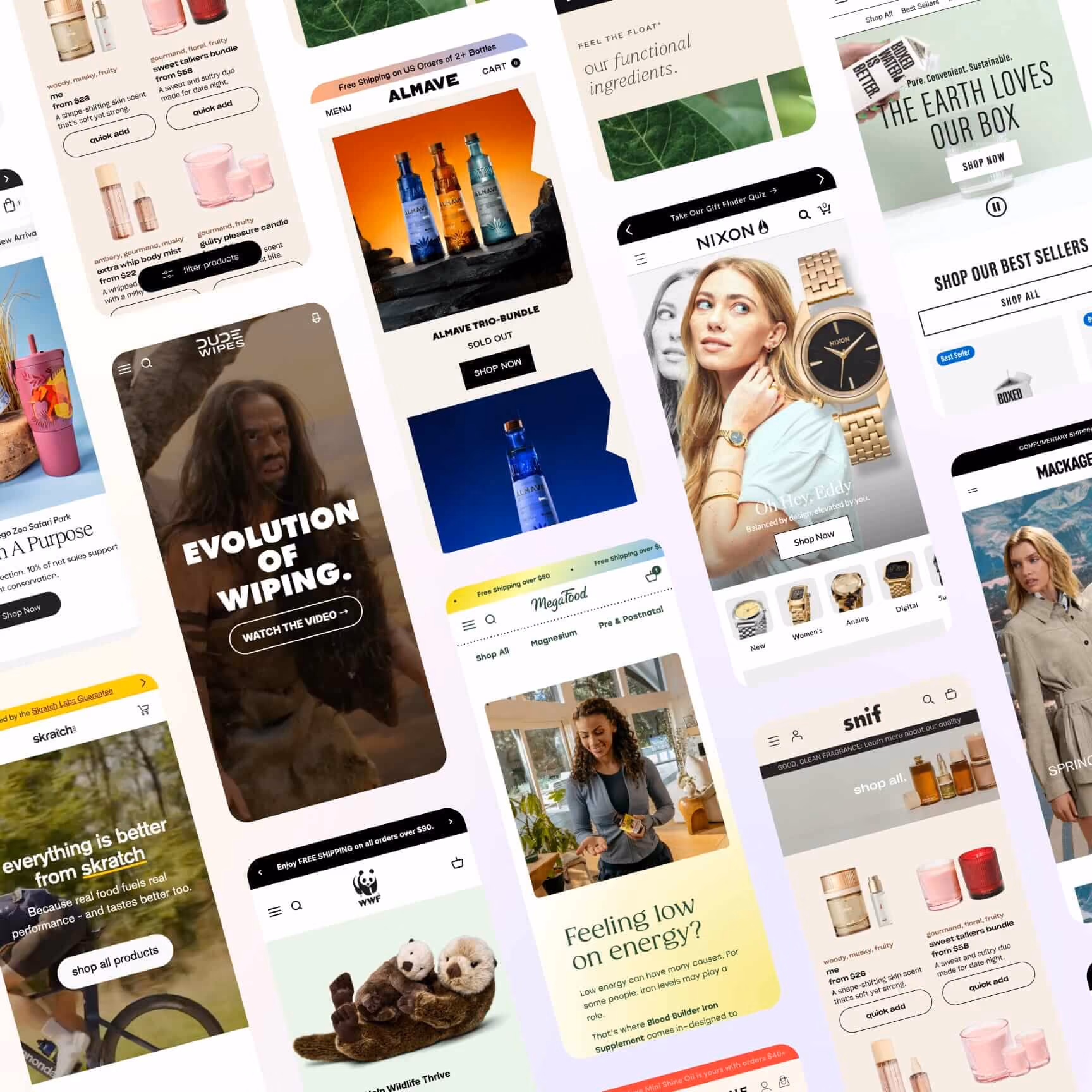 Grid of mobile Shopify storefront screenshots from client brands including Almave, Nixon, and Snif.