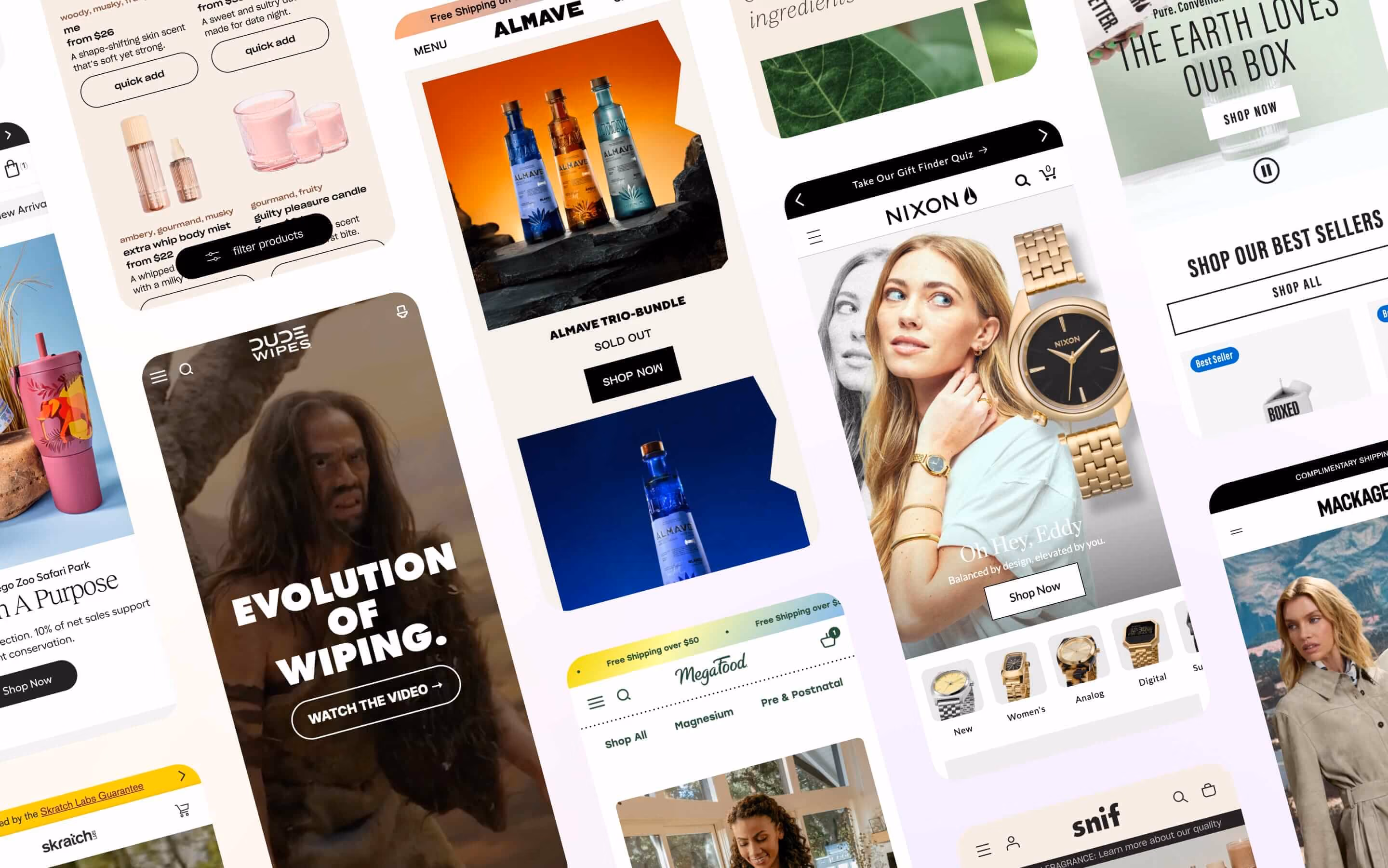 Collage of mobile Shopify storefront screens for client brands including Almave, Nixon, Snif, and Dude Wipes.